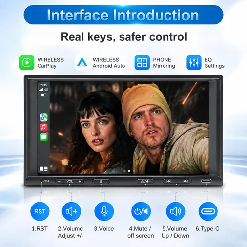Vista 8 de Estéreo de coche doble DIN inalámbrico Apple CarPlay Android Auto, radio doble DIN de 7 pulgadas con Bluetooth, enlace de espejo, cámara de visión