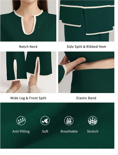 Vista 4 de SuperPrity Conjunto de 2 piezas de suéter para mujer, con cuello de muesca, manga larga, suéter de punto y pierna ancha