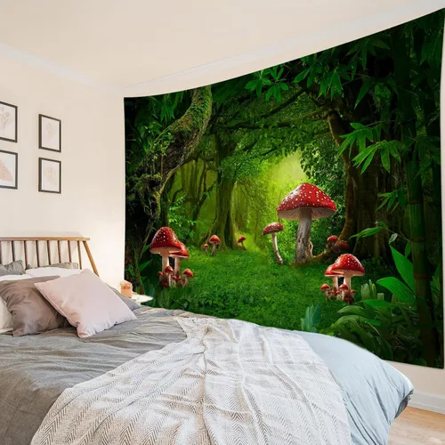 Vista 15 de HVEST Tapiz retro rojo de hongos para colgar en la pared, diseño floral rosa con fresa y mariposa en beige, tapiz para dormitorio, flores, plantas