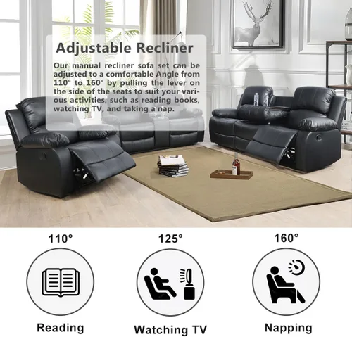 Vista 4 de Conjunto de sofá para sala de Estar, sillón reclinable de cuero transpirable, sofá de 3 plazas para cine en casa con portavasos para apartamento