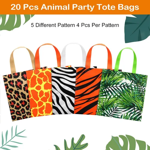 Vista 6 de Tallew 20 bolsas de fiesta con estampado de animales, bolsas de golosinas de vida silvestre, safari, selva, bolsa no tejida con diseño de hojas