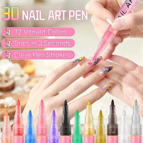 Vista 3 de Juego de bolígrafos de arte de uñas de 12 colores, bolígrafos de esmalte de uñas 3D, bolígrafos de arte de uñas para puntear, dibujar, pintura