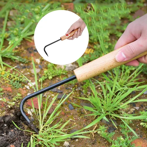 Vista 5 de Escardadora, herramienta de deshierbe de jardín de metal con mango de madera, mini extractor de malezas cultivador para excavar bordes plantación