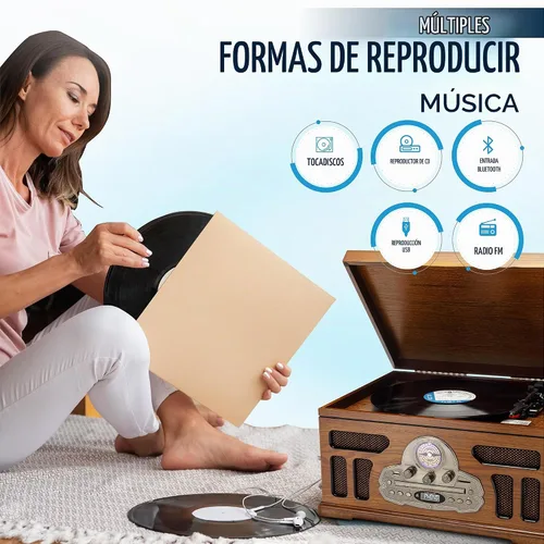Vista 4 de SoundBeast Tocadiscos todo en uno con reproductor de discos de 3 velocidades, Bluetooth, CD, cinta de casete, radio AM/FM, USB, bocinas integradas