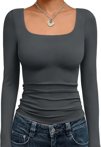 Vista 25 de Trendy Queen - Camisas ombligueras para mujer, manga larga, cuello cuadrado, básicas, para salir, de invierno, Y2K Albaricoque