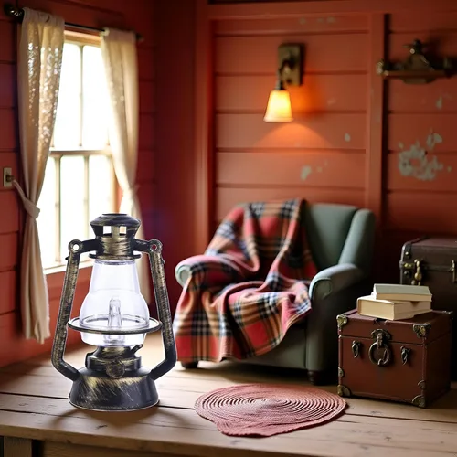 Vista 2 de Linterna miniatura mini lámpara de queroseno con luz para casa de muñecas, accesorios de decoración de casa de muñecas 1:12, lámpara de queroseno