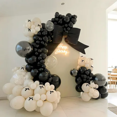 Vista 8 de Kit de guirnalda de globos negro, blanco y dorado, 115 piezas de arco de globos beige arena negro crema oro metálico con globos de papel de aluminio