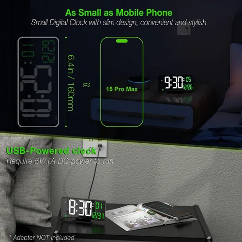 Vista 3 de KOSUMOSU Reloj de Escritorio 6.7 pulgadas Reloj Despertador Digital Negro con Alarma Dual, Atenuación, Fecha, Día de la Semana, Temperatura, 12h