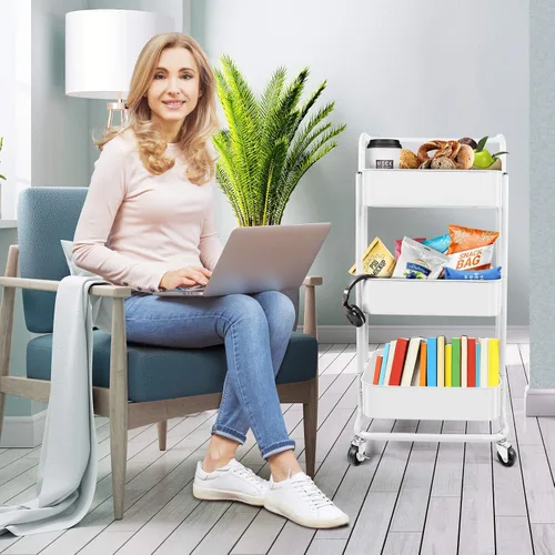 Vista 7 de Homchwell - Carrito de metal con ruedas bloqueables, 3 niveles, organizador multifunción con asa y cesta de malla, para cocina, café, baño u oficina