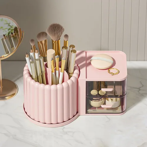 Vista 9 de Organizador de Maquillaje para Encimera, Soporte Giratorio 360° para Brochas de Maquillaje con 2 Cajones, Pequeño Organizador Preppy 9.25x5.11