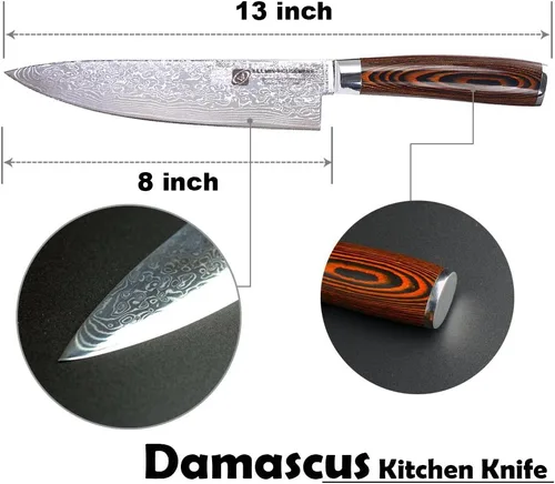 Vista 3 de Cuchillo de chef profesional de Damasco, 67 capas hecho a mano de 8 pulgadas, cuchillo de chef de Damasco, VG10 Super Steel Core