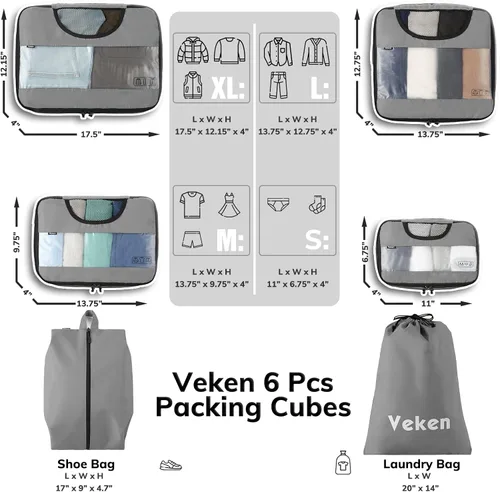 Vista 2 de Veken - Juego de 6 estuches organizadores equipaje de viaje incluye bolsa para ropa sucia y bolsa para zapatos gris VK456