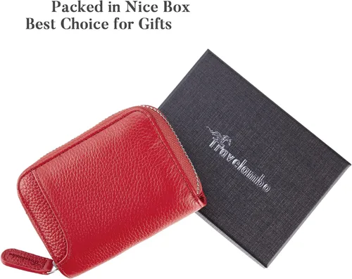 Vista 5 de Travelambo Funda de cuero genuino para monedas, cartera pequeña con cremallera YKK, Rojo, Moda
