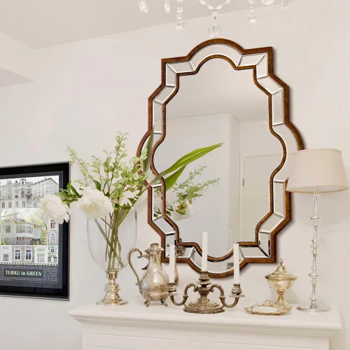 Vista 4 de Chende Espejo de pared decorativo para comedor, espejo de granja con marco de madera de bronce y vidrio biselado, espejo de baño irregular de 32 x
