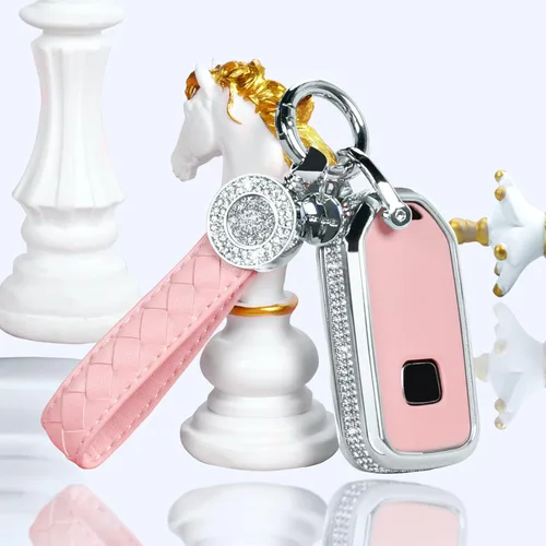 Vista 34 de Funda para llave inteligente con llavero, de piel auténtica color rosa, con cristales, carcasa protectora