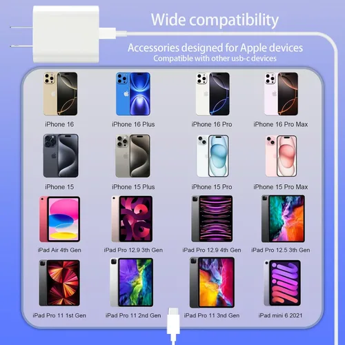 Vista 7 de Cable de 10 pies para Apple iPhone 16 15 Pro Max, cargador de carga rápida, iPad, AirPods 4 (USB-C), 20 W tipo C Blcok de 10 pies de largo, cable