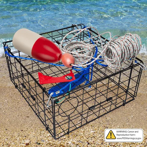 Vista 7 de QualyQualy 2 Packs Foldable Crab Trap 24", Crab Bait Bag，Pacific Heavy Duty Steel Crap Cage Kit with Harness, 100’ Sinking Line, Easy Store & Carry