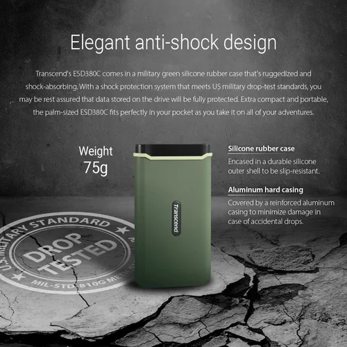 Vista 6 de Transcend 500GB ESD380C, External Solild State Drive, Portable SSD, Rugged Shield, Gen 2x2 USB Type-C, Up to 2000 MB/s - TS500GESD380C