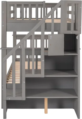 Vista 6 de Harper & Bright Designs Litera individual sobre individual con escalera, literas de madera con estante de almacenamiento y riel de protección, marco