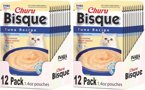 Vista 8 de INABA Churu Bisque para gatos mayores de 10 años, Puré cremoso en sobre, 1.4 onzas por sobre, 12 sobres en total, Receta de atún con salmón