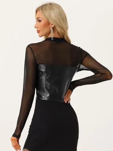 Vista 3 de Allegra K Top de cuello alto para mujer, corsé de malla de piel sintética transparente de manga larga