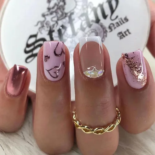 Vista 28 de Uñas Postizas Cuadradas Cortas con Diseños de Lazo 3D, Uñas Postizas de Leopardo con Punta Francesa, Uñas Adhesivas Brillantes, Uñas Acrílicas Nude