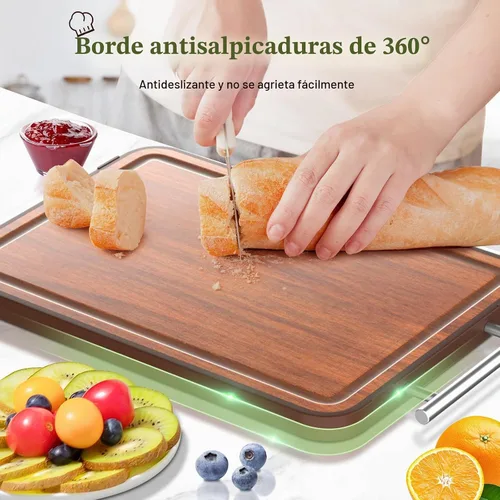 Vista 8 de Tabla de Cortar de Acero Inoxidable y Madera de Doble Cara Tablas de Cortar para Cocina - 2 en 1 Ébano Metal con Mango Resistente a Rayones Carne