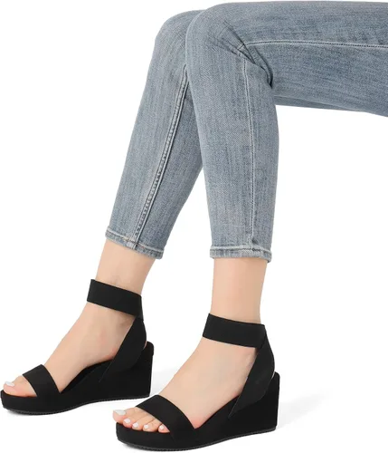 Vista 2 de Dream Pairs - Sandalias de cuña con plataforma y puntera abierta y correa elástica para mujer, Negro5