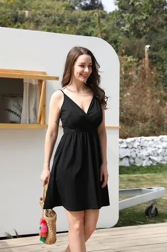 Vista 2 de STYLEWORD - Vestido informal de verano para mujer, diseño acampanado, con vuelo y floral, con cuello en V, tirantes delgados y bolsillos, unicolor