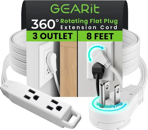 Vista 49 de GEARit Cable de extensión de enchufe plano giratorio de 360° de 3 pies, cable de alimentación de perfil bajo de 3 salidas, ahorro de espacio