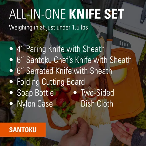 Vista 2 de GSI Outdoors Santoku - Juego de cuchillos de chef compacto de 6 piezas con tabla de cortar, fundas, botella de jabón y estuche de viaje