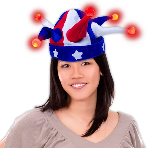 Vista 3 de Windy City Novelties Paquete de 2 sombreros de bufón iluminados de Estados Unidos, recuerdos de fiesta del 4 de julio, rojo, blanco y azul