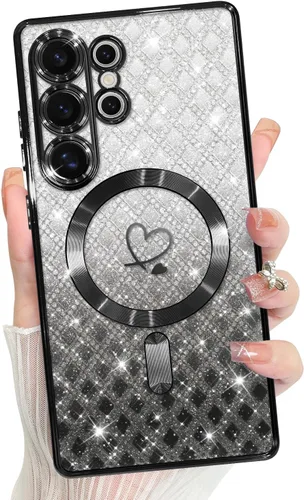 Vista 11 de Bonoma - Funda compatible con Samsung Galaxy S21 Plus, diseño de corazón con purpurina, color rosa Support for MagSafe, Plating Magnetic Case TPU