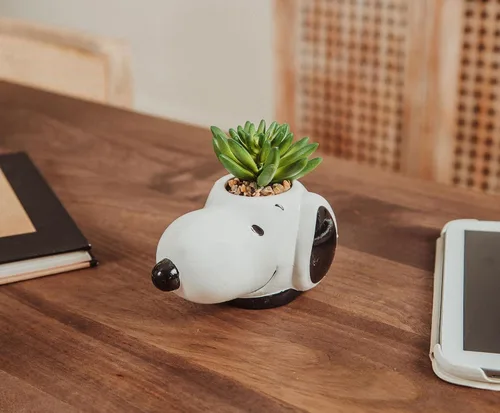 Vista 4 de Peanuts Snoopy Face - Mini maceta de cerámica con suculentas artificiales, maceta pequeña, plantas de interior de imitación para estante