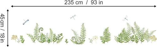 Vista 3 de decalmile Calcomanías de esquina de pared con plantas de helecho verde, hojas tropicales, base de libélula y línea de zócalo, pegatinas de pared