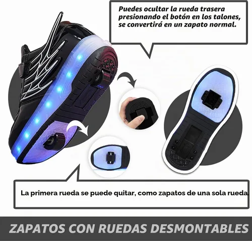 Vista 5 de Zapatos de patinaje LED para niños y niñas, tenis con ruedas desmontables y recargables intermitentes Negro