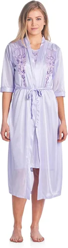 Vista 11 de Casual Nights Conjunto de bata y camisón de satén de 2 piezas para mujer Bordado Azul