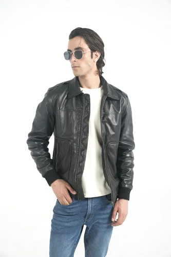 Vista 3 de STREGA Chaqueta de cuero para hombre, chaqueta bomber de piel de cordero genuina para hombre, color marrón con cuello Sherpa extraíble, chaqueta