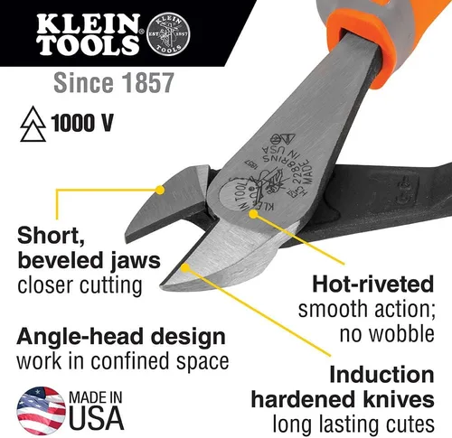 Vista 2 de Klein Tools 2288RINS Alicates Cortadores Diagonales Aislados de 1000V, Fabricados en EE.UU., Diseño de Alta Palanca, Cuchillas Endurecidas por