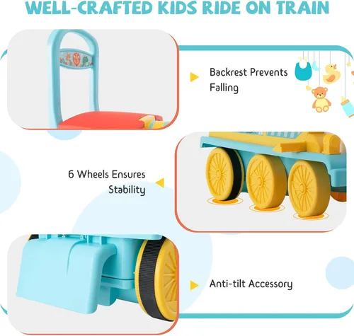 Vista 6 de GLACER Tren de paseo con 16 pistas para niños, juguete eléctrico con luces y sonidos, caja de almacenamiento debajo del asiento y pedales Azul