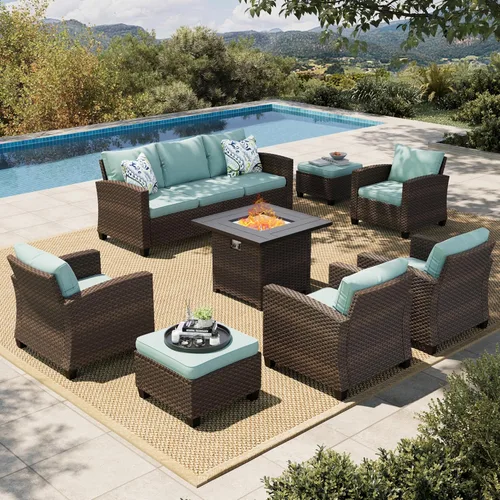 Vista 27 de HERA'S HOUSE Juego de muebles de patio con mesa para fogata de 56 pulgadas, juegos de conversación de patio al aire libre, 6 piezas de 7 asientos