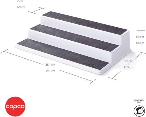 Vista 2 de Copco Organizador de especias antideslizante de 3 niveles para armario de cocina o despensa, estante escalonado de 15 pulgadas, blanco/gris, diseño