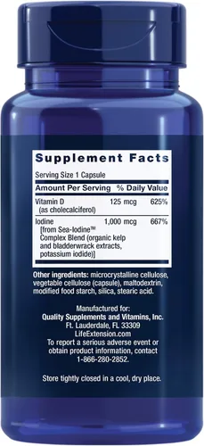 Vista 2 de Life Extension Vitamina D3 de 125 mcg (5000 UI) con yodo marino, para hueso, apoyo inmunológico y manejo de la inflamación, suplemento tiroideo