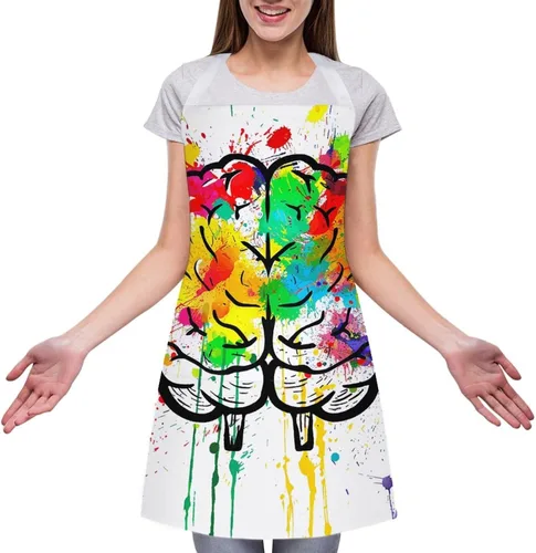 Vista 3 de MUSM Apron for Adults - 27.6 X 31.5 Inch, Heavy-Duty Polyester Aprons with Two Large Pockets, Waterproof Hand Drawn Brain Kitchen Apron for Cooking