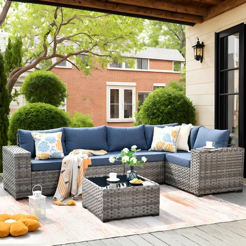 Vista 25 de ovios Juego de muebles de patio de 6 piezas, sofá seccional de mimbre para exteriores con mesa auxiliar, cómodos cojines, moderno sofá modular Beige