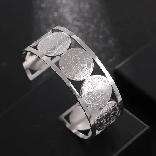 Vista 2 de Cross St. Benedict Christian Bracelet, Virgin Mary Catholic Stainless Steel Cuff Bangle