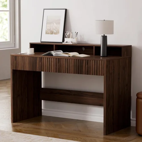 Vista 5 de Escritorio ejecutivo de 47 pulgadas con cajón estriado, moderno escritorio de oficina en casa con soporte largo para monitor y 2 cajones, escritorio