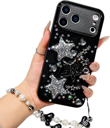 Vista 34 de Compatible con iPhone 11 Pro Funda Transparente Bonita con Diseño de Estrella con Purpurina en 3D con Perlas y Pulsera de Perlas, Diseño de Cadena