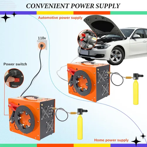 Vista 4 de Compresor de aire PCP 350W Potente motor 4500Psi/5800psi/400bar Refrigeración de agua y ventilador 12V/110V Auto-Stop PCP Air Rifle Fuente