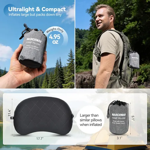 Vista 5 de MARCHWAY Almohada de acampada ultraligera inflable con funda lavable suave, almohada de aire portátil y compresible compacta para dormir al aire